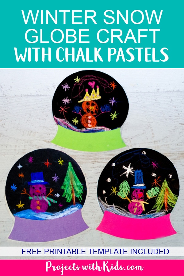 Brighten up your winter with this colorful snowglobe craft. Chalk pastels on black paper help make these snow globes extra vivid. Kids will love creating their own winter wonderland scene and exploring chalk pastels! Free printable template included. #snowglobecrafts #winterart #chalkpastels #projectswithkids 