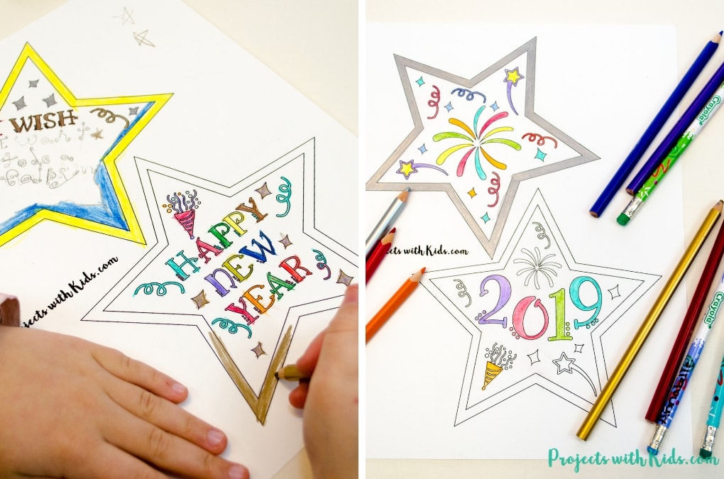 Ring in the New Year with this festive wand craft. An easy New Year's Eve craft that kids can also use as a noisemaker. 5 free printable designs to mix and match for kids to have fun with! 