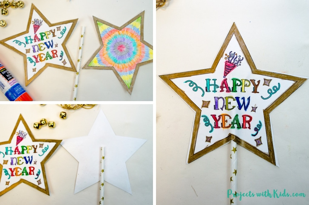 Ring in the New Year with this festive wand craft. An easy New Year's Eve craft that kids can also use as a noisemaker. 5 free printable designs to mix and match for kids to have fun with! 