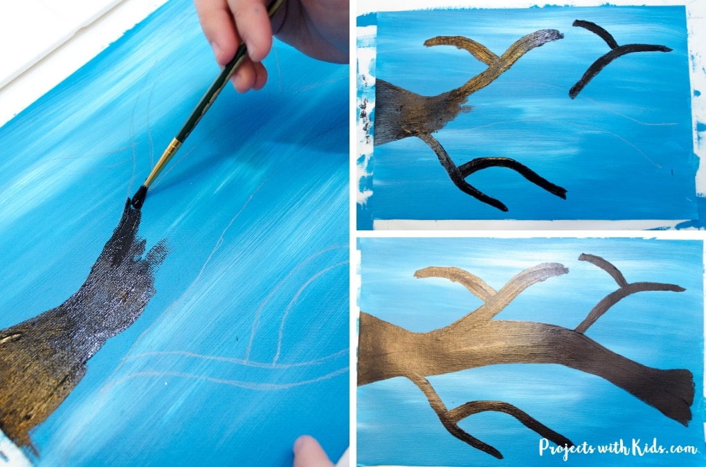 Kids will love creating this cute & easy winter tree painting using cotton balls. Add in a fingerprint red bird for an extra fun winter touch. Free printable branch template included. 