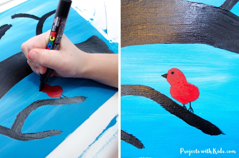 Kids will love creating this cute & easy winter tree painting using cotton balls. Add in a fingerprint red bird for an extra fun winter touch. Free printable branch template included. 