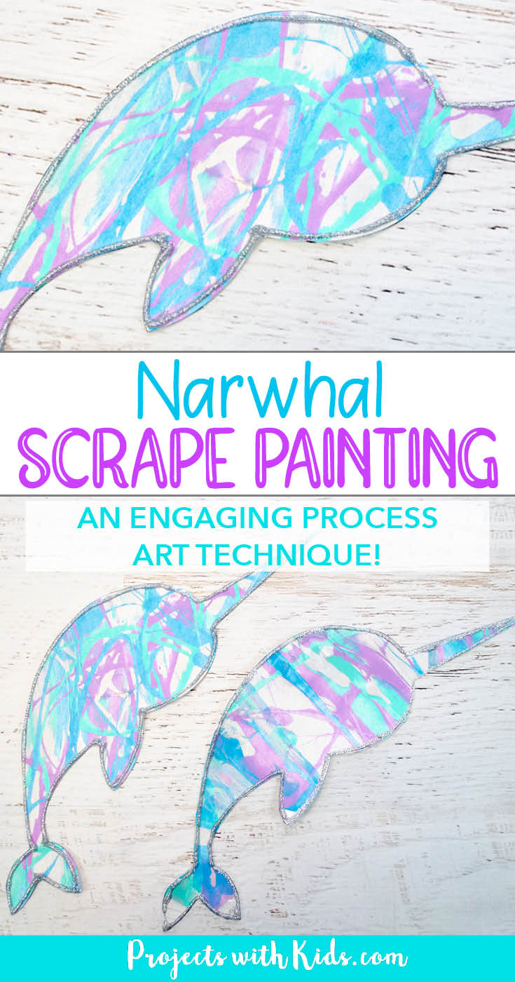 Narwhal scrape painting winter art project for kids.