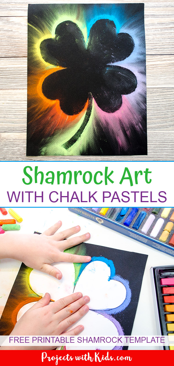 This shamrock art is beautiful and so fun for kids to make! Kids will love using this easy chalk pastel technique to create a brightly colored St. Patrick's Day craft. Free shamrock template included. #shamrockcraft #stpatricksdaycraft #rainbowcrafts #chalkpastels #projectswithkids