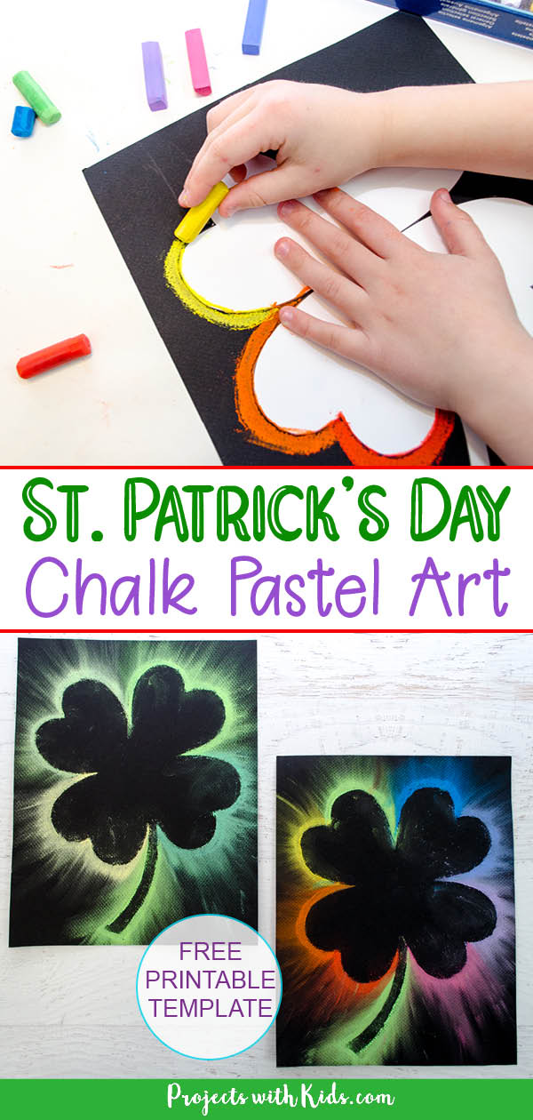 St. Patrick's Day art project with chalk pastels and a four leaf clover template on black paper. Kids Spring art activity.