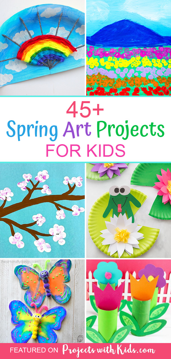 Welcome spring with over 45 gorgeous spring art projects for kids. Ideas for older kids and tweens as well as younger kids and preschoolers. Colorful spring crafts kids of all ages will love! #springcrafts #kidsart #projectswithkids 