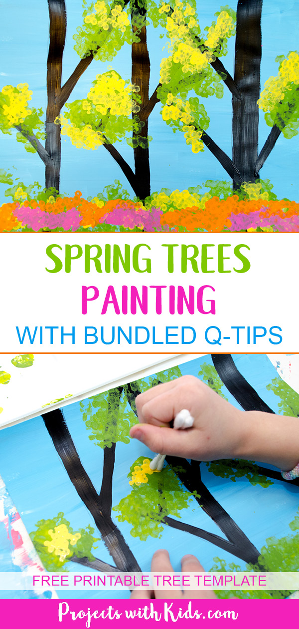 This gorgeous spring trees painting is so fun to make! Using bundled q-tips makes this an easy art project for kids of all ages. Free printable trees template included. #springcrafts #kidspainting #kidsart #projectswithkids 
