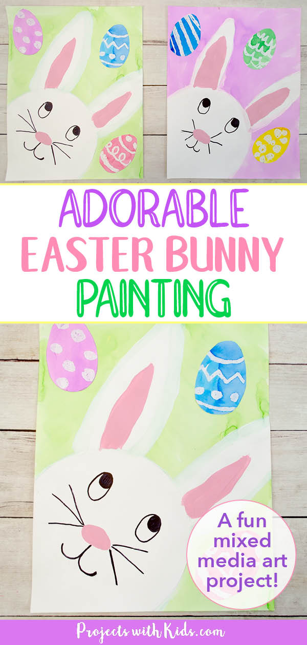Mixed media Easter bunny painting art project for kids using watercolors, acrylic paint, oil pastels and markers. 