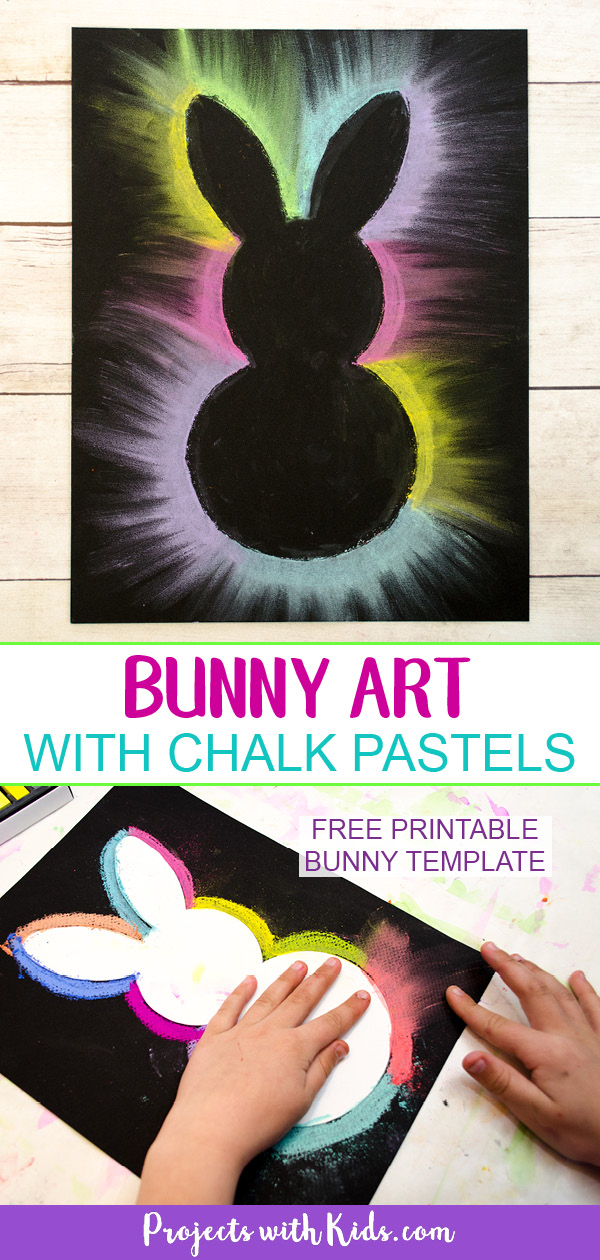 This bunny art project is adorable and so fun for kids to make! Kids will love using this easy chalk pastel technique to create this brightly colored Easter craft. Free bunny template included. #kidsart #chalkpastels #eastercrafts #projectswithkids