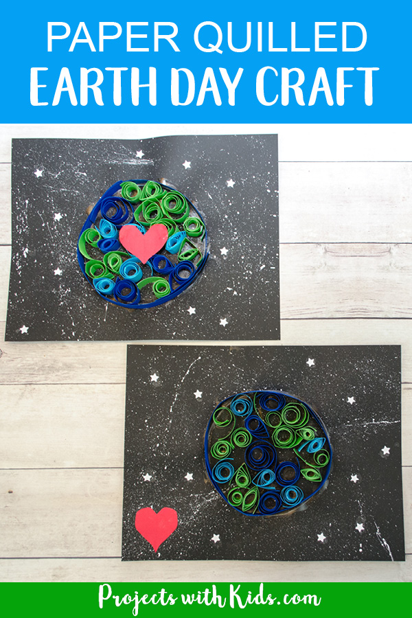 Kids can use simple quilling techniques on black paper to make this Earth Day craft really stand out! No special quilling tools needed. #earthdaycrafts #papercrafts #quilling #projectswithkids