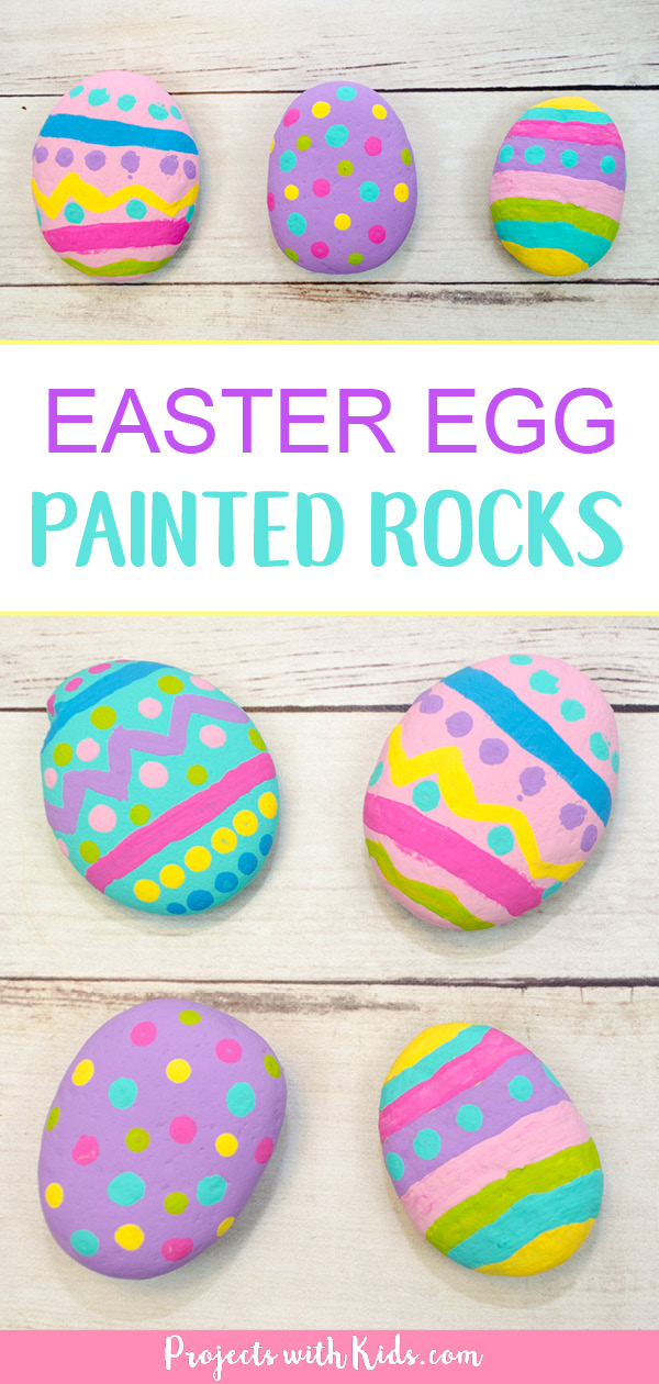 These painted Easter egg rocks are super easy and tons of fun for kids to make! Use them as part of your Easter decor or include them in a non-candy Easter egg hunt! #eastercrafts #rockpainting #projectswithkids