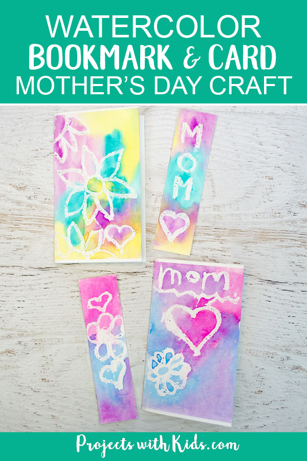 Kids will love to make this lovely mother's day bookmark and card set for their mom or grandma as a special handmade gift. A super easy watercolor technique for kids of all ages! #mothersdaycrafts #kidsart #kidscrafts #projectswithkids