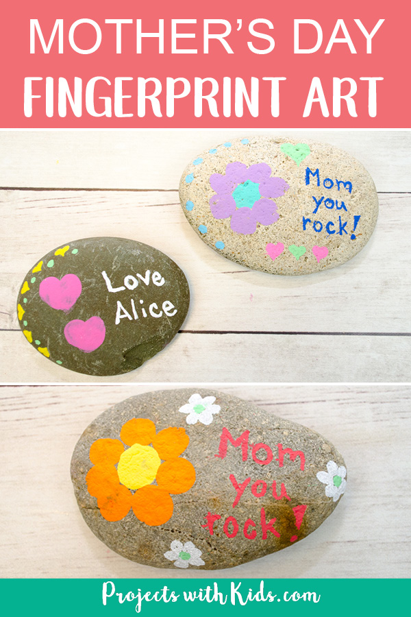 An easy painted rock craft using fingerprint art that makes a wonderful mother's day craft and keepsake. #mothersdaycrafts #rockpainting #fingerprintart #projectswithkids