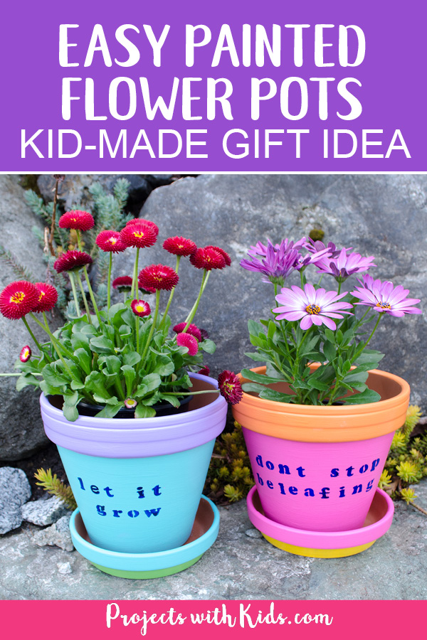 These bright and cheerful DIY painted flower pots are so fun and easy for kids to make! A wonderful kid-made gift idea for Mother's Day, teacher appreciation gift, and a great summer craft project. #mothersdaycrafts #summercrafts #kidscrafts #projectswithkids