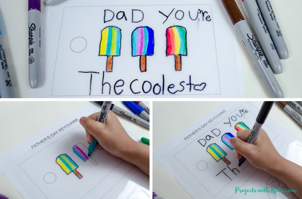 Color with sharpies onto your shrinky dinks using the printable template as a guide. 