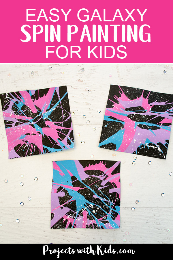This galaxy spin painting art project is out of this world! Spin art is such a fun process art technique that kids of all ages love. #kidspainting #kidscrafts #spinpainting #projectswithkids