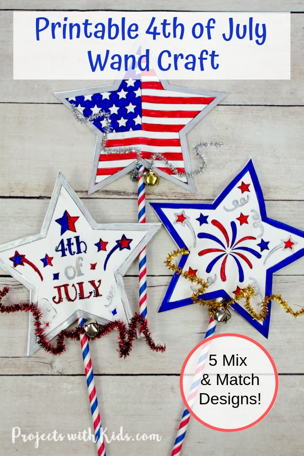 Kids will have fun making this easy 4th of July printable wand craft that can also be used as a noisemaker! 5 mix and match designs to choose from. #projectswithkids #4thofjulycrafts #patrioticcrafts #kidscrafts
