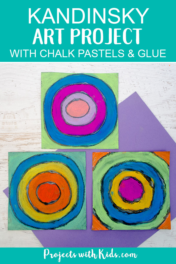 Create easy Kandinsky art for kids using chalk pastels and glue! Learn this simple pastel technique to make colorful circle art that kids will love! #projectswithkids #kidsart #chalkpastels #kandinsky 