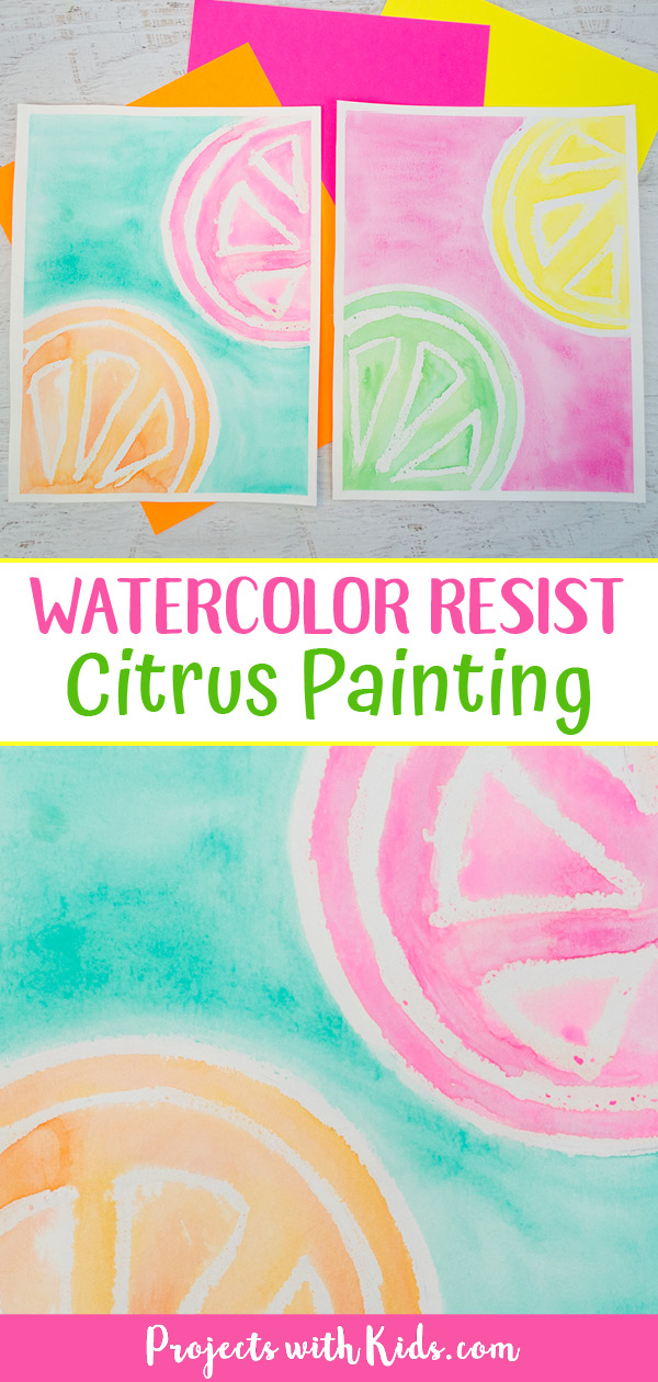 Watercolor resist citrus paintng of fruit slices.