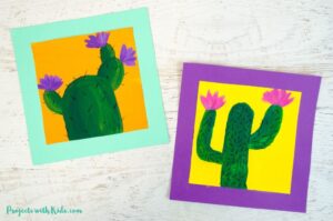 2 cactus paintings on bright colored backgrounds.