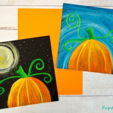 Pumpkin chalk pastel art - 2 ways. One pumpkin with a bright blue sky and one pumpkin with a full moon starry sky.