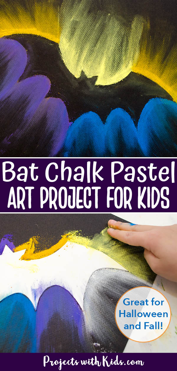 Chalk pastel bat art project for kids to make for Halloween or Fall time. Hand smudging chalk pastel on black paper around a bat printable. 