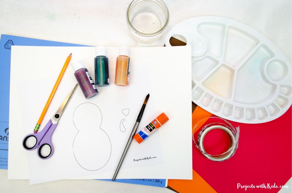 Watercolor paper, paint, scissors, palette, gluestick, cardstock, paintbrush, turkey template