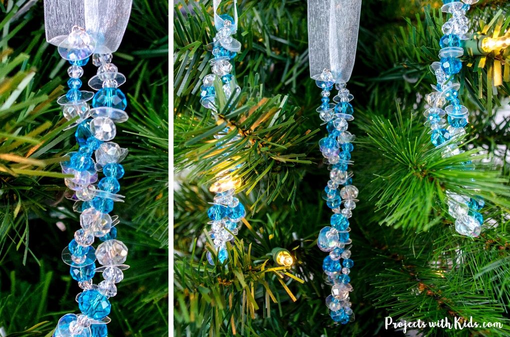 Beaded icicle ornaments Christmas craft for kids to make.