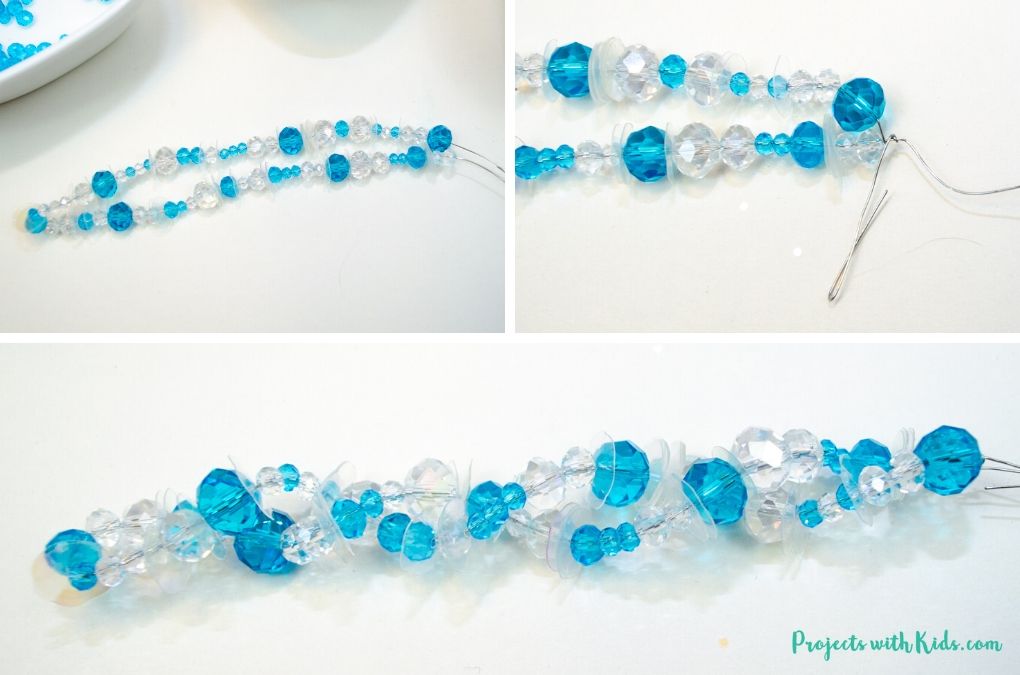 Folding and twisting a string of beads into an icicle ornament.