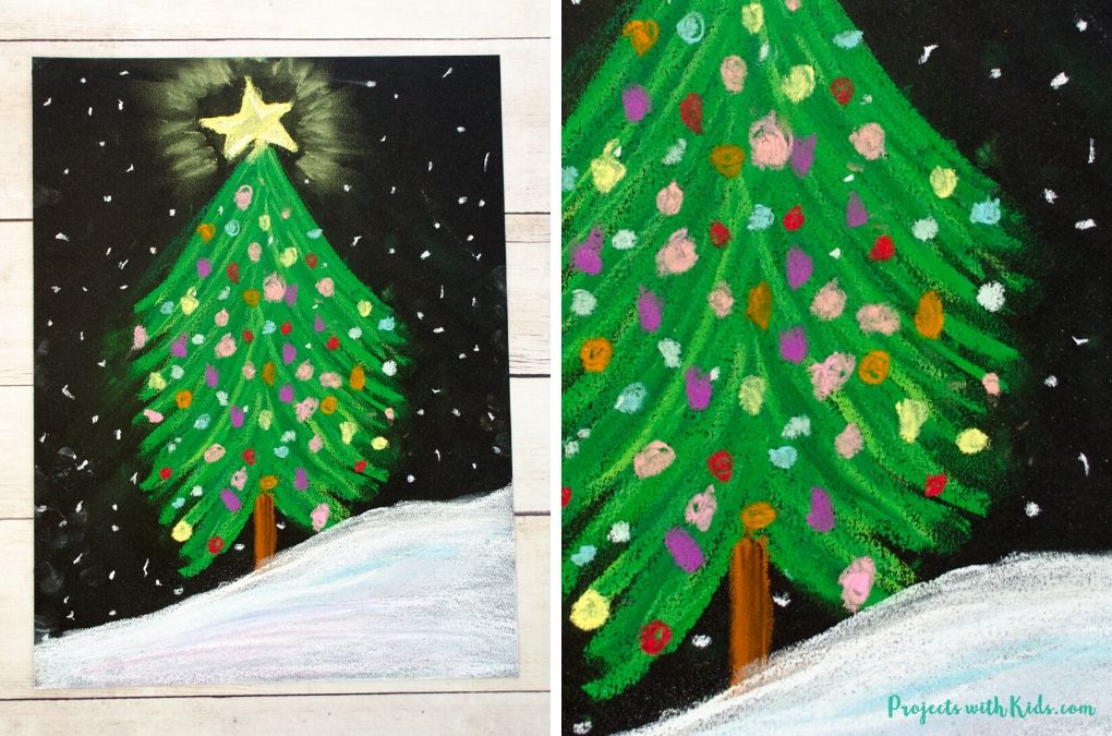 Finished image of a chalk pastel Christmas tree.