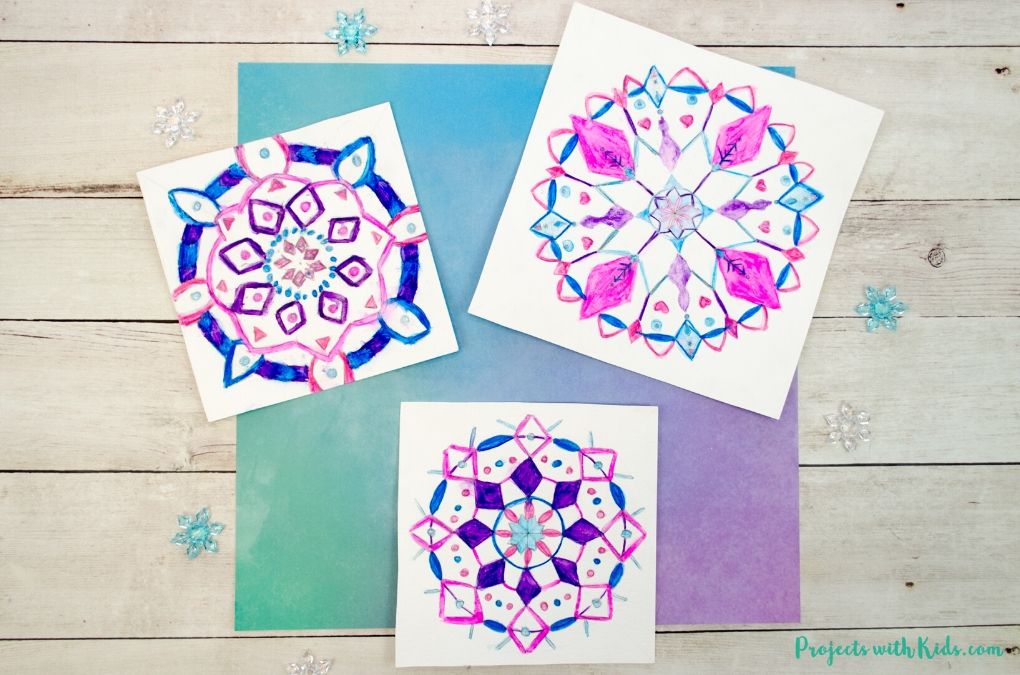 Snowflake mandala drawings using watercolor pencils