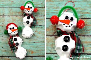 Egg carton snowman craft ornaments for kids to make.