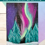Northern lights painting with snow covered trees.