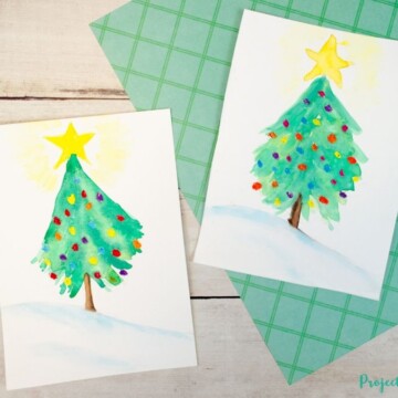 Watercolor Christmas tree painting for kids to make.