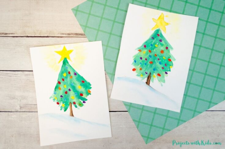 Watercolor Christmas tree painting for kids to make.