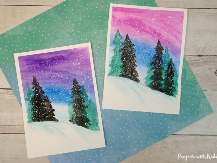 Winter Watercolor Art Project For Kids, Painting Watercolor Winter Landscape Cards