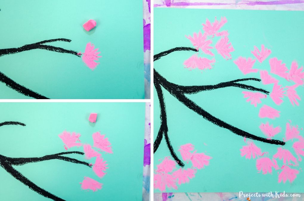 Drawing cherry blossoms with pink chalk pastels