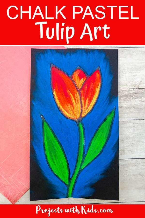 Red chalk pastel tulip spring art project for kids.