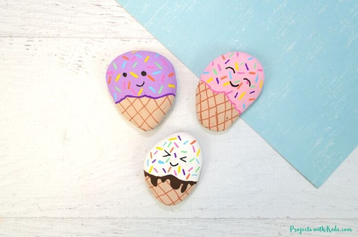 Ice cream painted rocks using acrylic paint and paint pens, kids craft