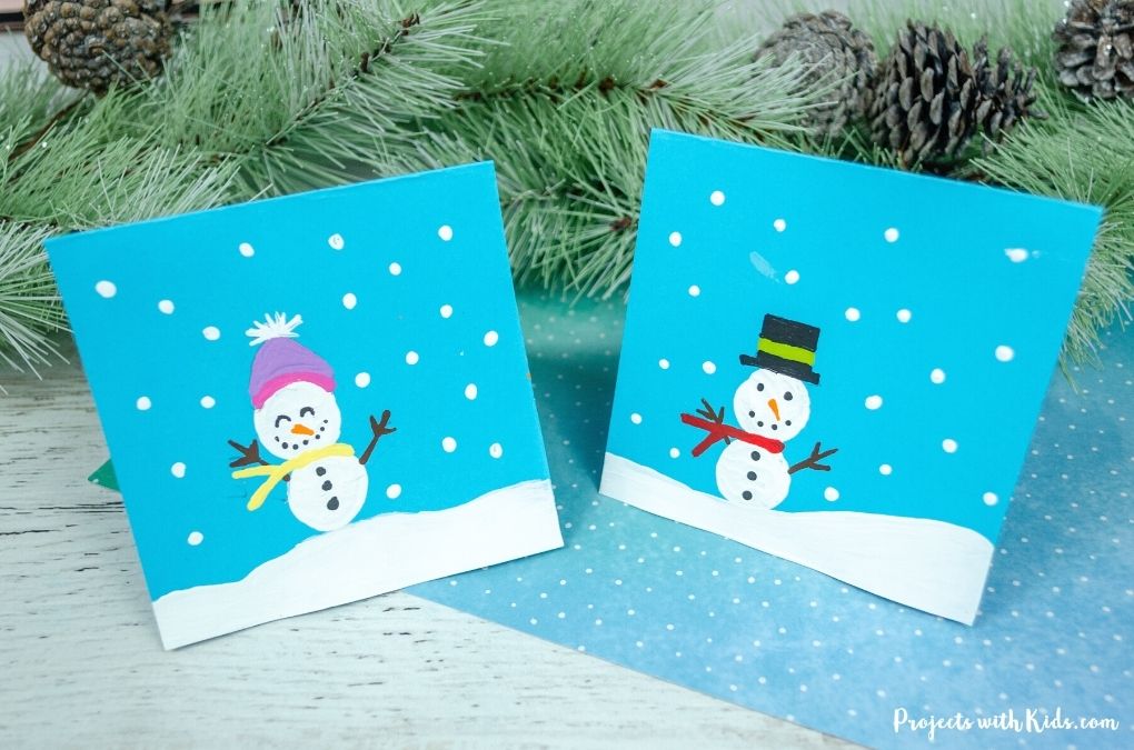 Cork printed snowman card for kids to make.