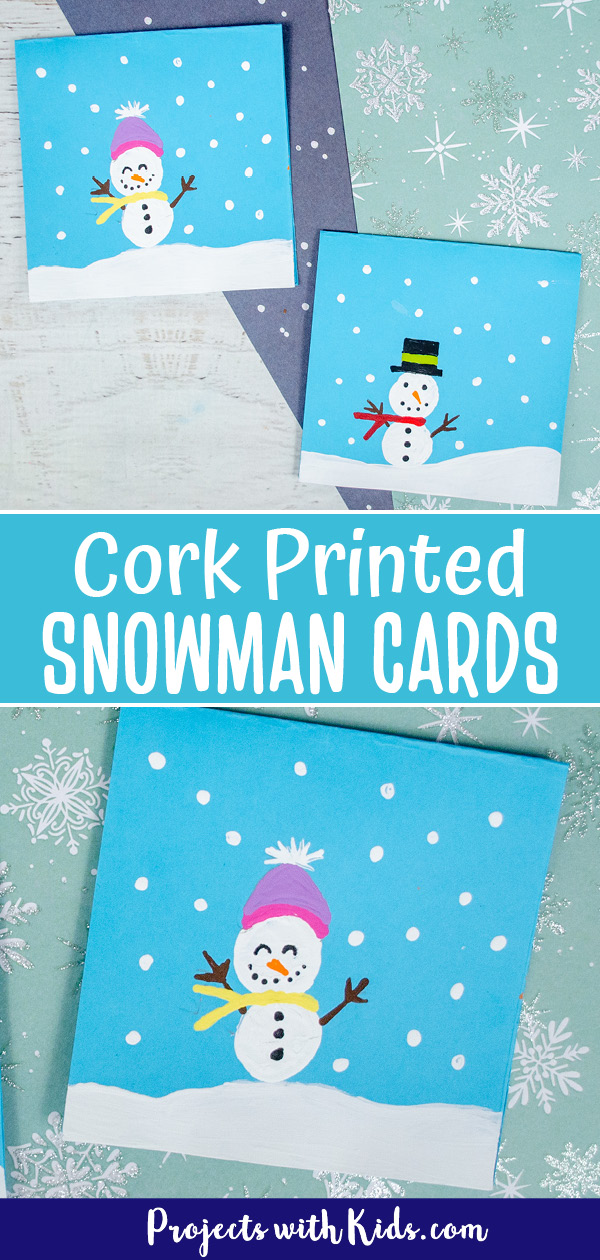 Cork printed snowman card and winter art project for kids