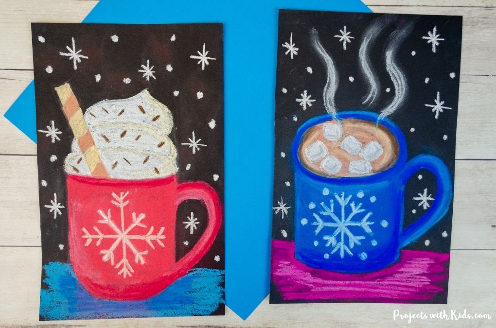 Hot chocolate pastel art project for kids to make for winter.