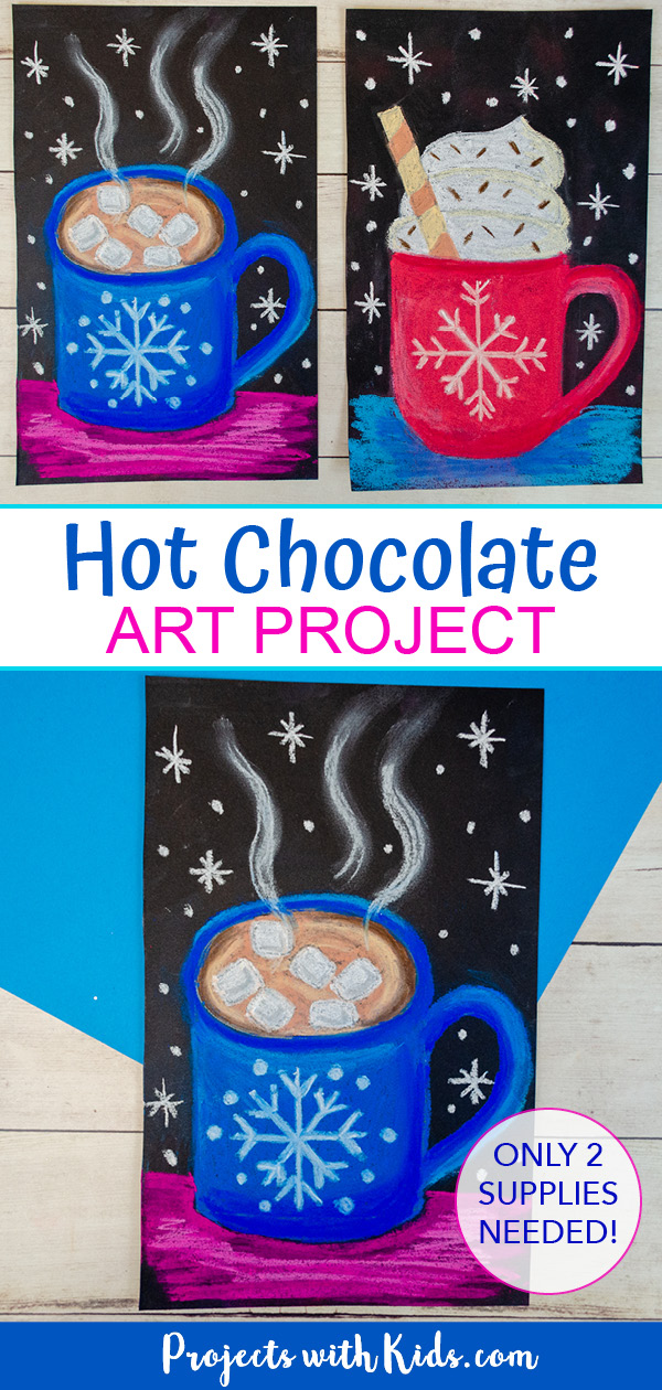 Chalk pastel art project for winter hot chocolate mugs.