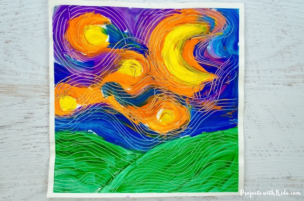 Van Gogh inspired art project for kids using acrylic paint and forks.
