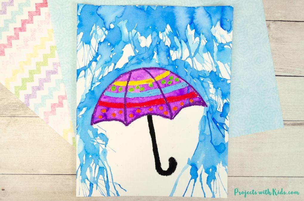 Watercolor rainy day painting with an umbrella