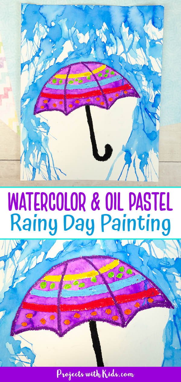 Watercolor and oil pastel painting with umbrella and blow painting to create the rain. 