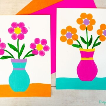 Cork stamped flower painting spring art project idea for kids to make