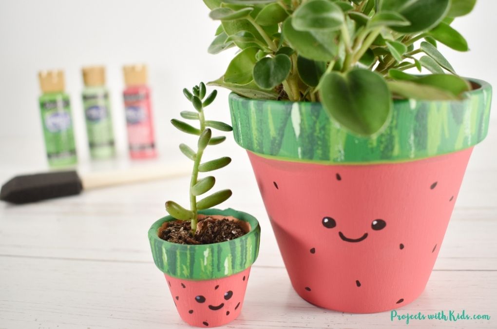Watermelon painted flower pots for kids to make
