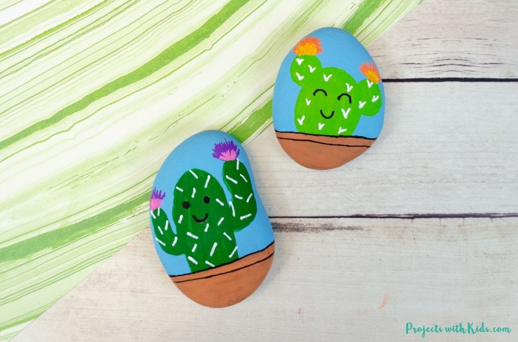 Cactus painted rocks for kids and tweens to make
