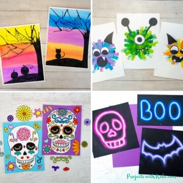 Halloween art projects for elementary school classrooms using watercolors, chalk pastels, paper, acrylic paints.