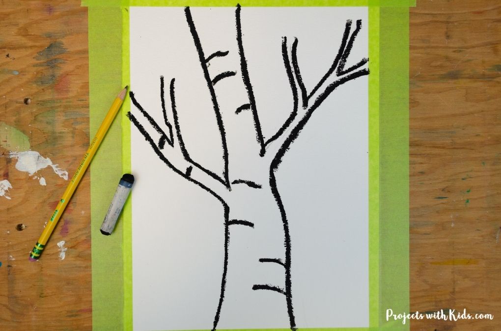 Drawing a birch tree with black oil pastels
